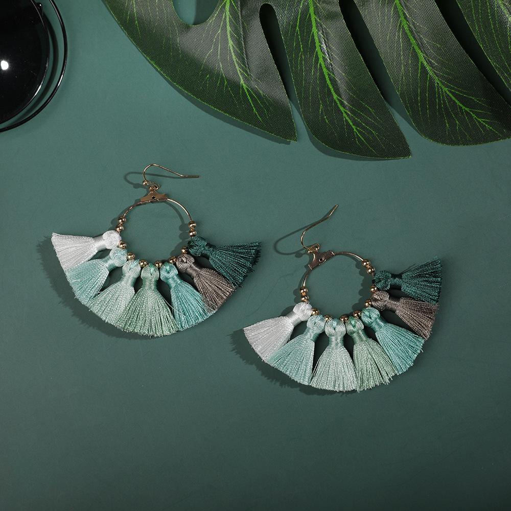 Rainbow ethnic style party earrings handmade fan-shaped colored woven fringed earrings Independence Day earrings