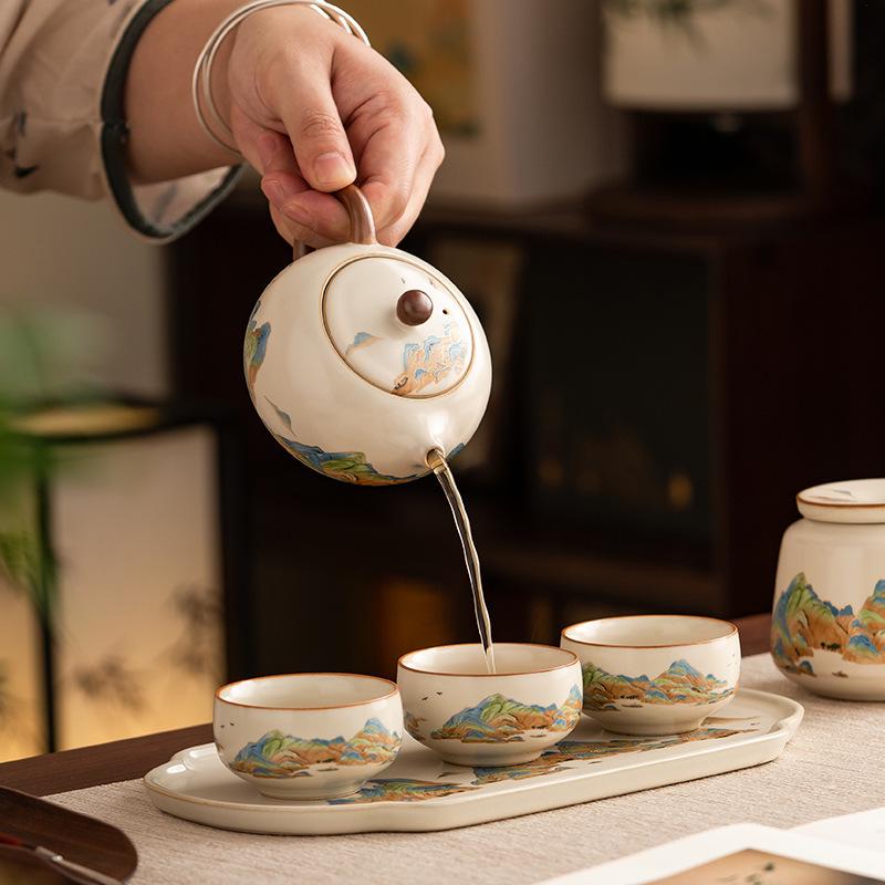 "A Thousand Li of Rivers and Mountains" Luxury Tea Set – Teapot & Teacups Gift for Teachers, Elders, Leaders