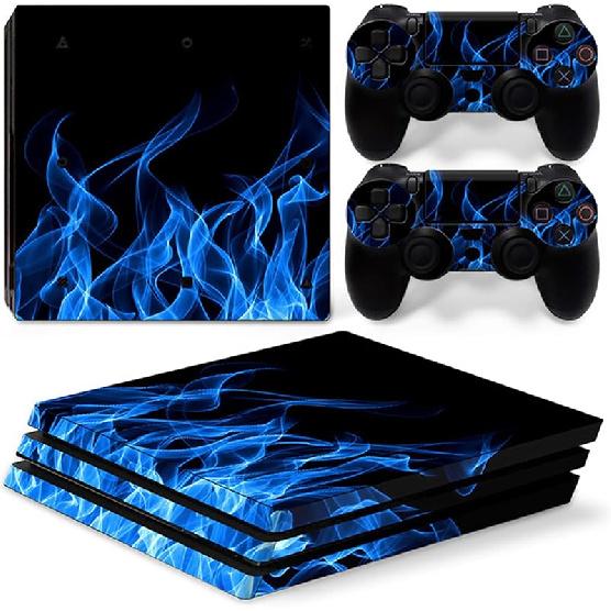 Ps4 Slim Stickers Full Body Vinyl Skin Decal Cover for PlayStation 4 Console Controllers (with 4pcs Led Lightbar Stickers) (Blue fire) (PS4 Console