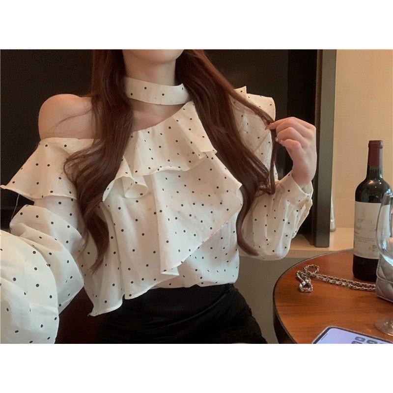 Women Halter Neck Off Shoulder Polka Dot Ruffled Long Sleeve Cropped Blouse S
