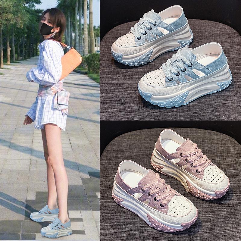 Dad shoes thick sole leather surface hollow women's summer new retro lightweight inner height increase casual sports shoes sandals