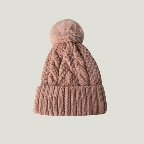 Women Fall Winter Hat Thickened Knitted Soft Elastic Warm Anti-slip Ear Protection Plush Ball Decor Twisted Pattern Outdoor Beanie Cap