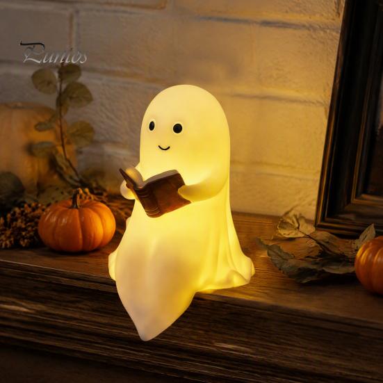 Gift for Halloween Lovers Ghost Lamp, Cute Middle Finger Ghost/Reading Book Night Light, Funny Wall Decor Bedroom Spooky Figurine Tabletop,
