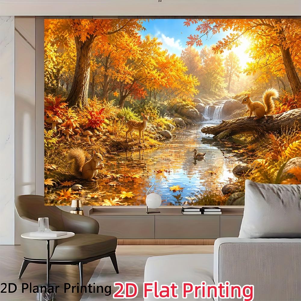 Photography background: 2D flat printing banner 1 piece. Banner depicting autumn forest wildlife and flowing water.zyc