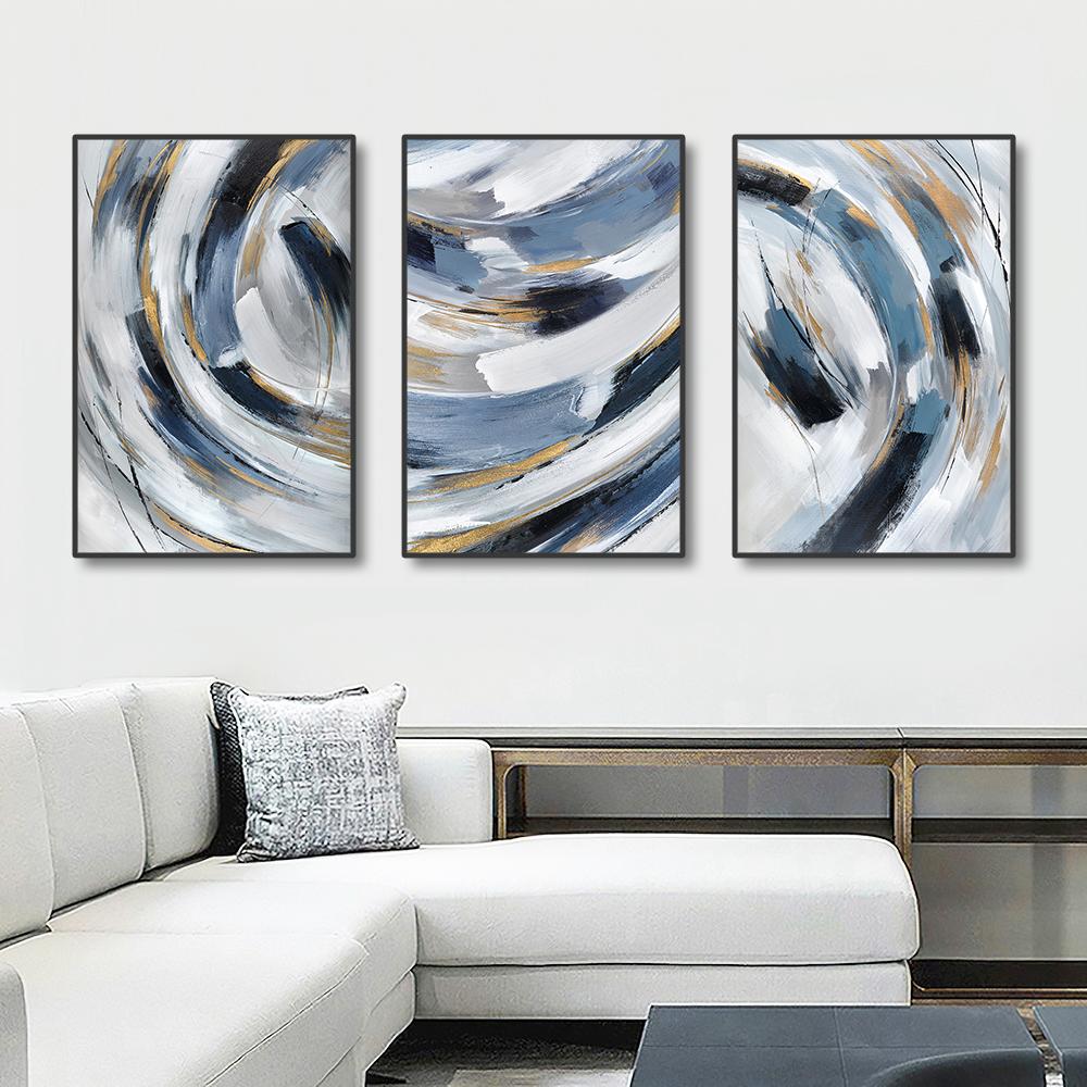 3PCS Frameless Abstract Blue Grey Annual Ring Canvas Painting Nordic Wall Art Print Picture for Living Room Modern Home Decor