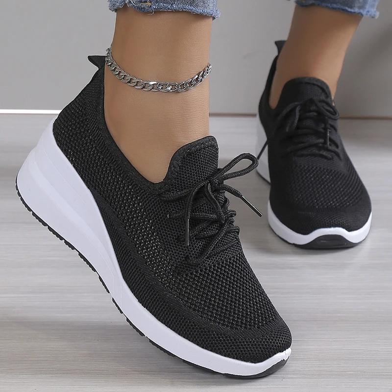 Spring Breathable Wedge Sneakers Women Mesh Knitted Platform Sports Shoes Woman Casual Non-Slip Lace Up Tennis Shoes Ladies