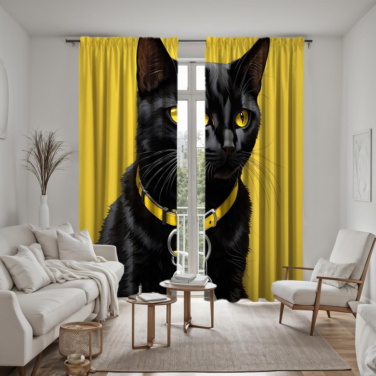 

2 шт. HD милые черные занавески с изображением кота Желтые занавески с цифровой печатью Украшение дома в стиле украшения гостиной спальни Носите штангу W52H63inchW132H160cm