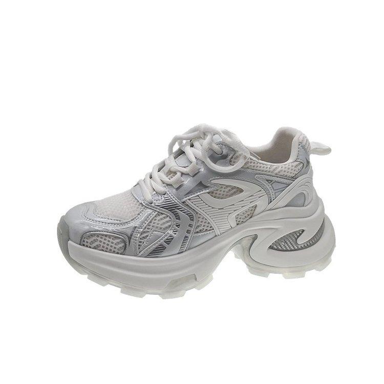 Leather Heightening Paris Old Magazine~ Silver and White Casual Fashion Heightening Platform Sports Casual Shoes Female Dad Shoes