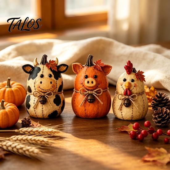 Seasonal Autumn Shelf Display 3PCS Rustic Harvest Wooden Ornaments, Animal Designs Retro Small Pumpkin Figurines Distressed Farmhouse Crafts,