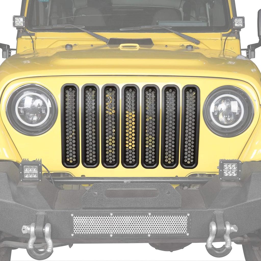 Hooke Road Wrangler Grill Mesh Erts Front Grille Guard Cover Clip-In Matte Black For 1997-2006 Jeep Wrangler TJ & Unlimited (Pack Of 7)