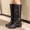 Fashion Women Boots High Quality Pointed Leather Boots Fashion Knee High Boot Metal Belt Buckle Motorcycle Boots for Women Botas