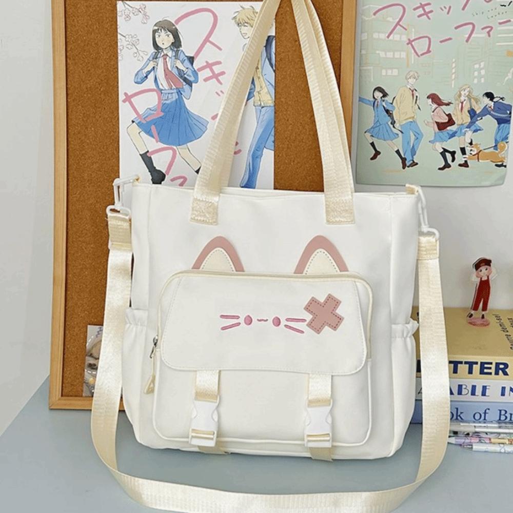 Dustproof Nylon Backpack Preppy Style Students School Bag Cartoon Kitten Crossbody Bag  for Gift белый