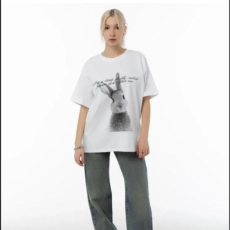 Women'S White Rabbit Graphic Print T Shirt Short Sleeve Tee Loose Fit Casual Top Sweet & Cute Style