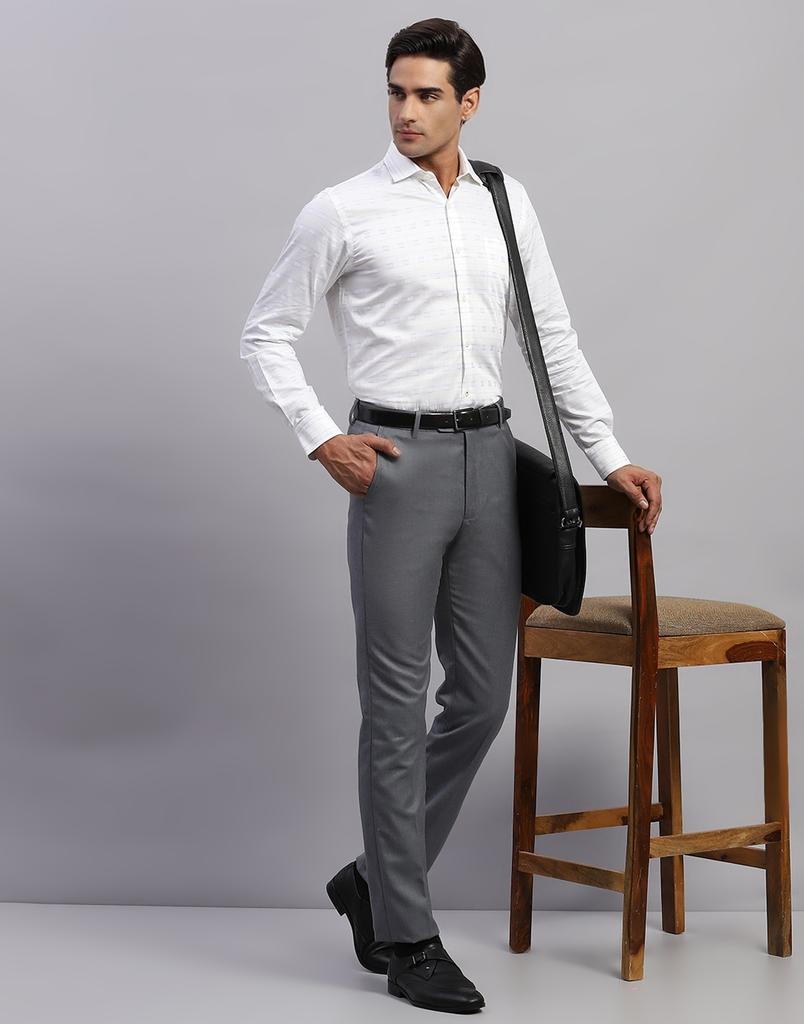 Monte Carlo Mens Self Design White Collared Neck Full Sleeve Shirt