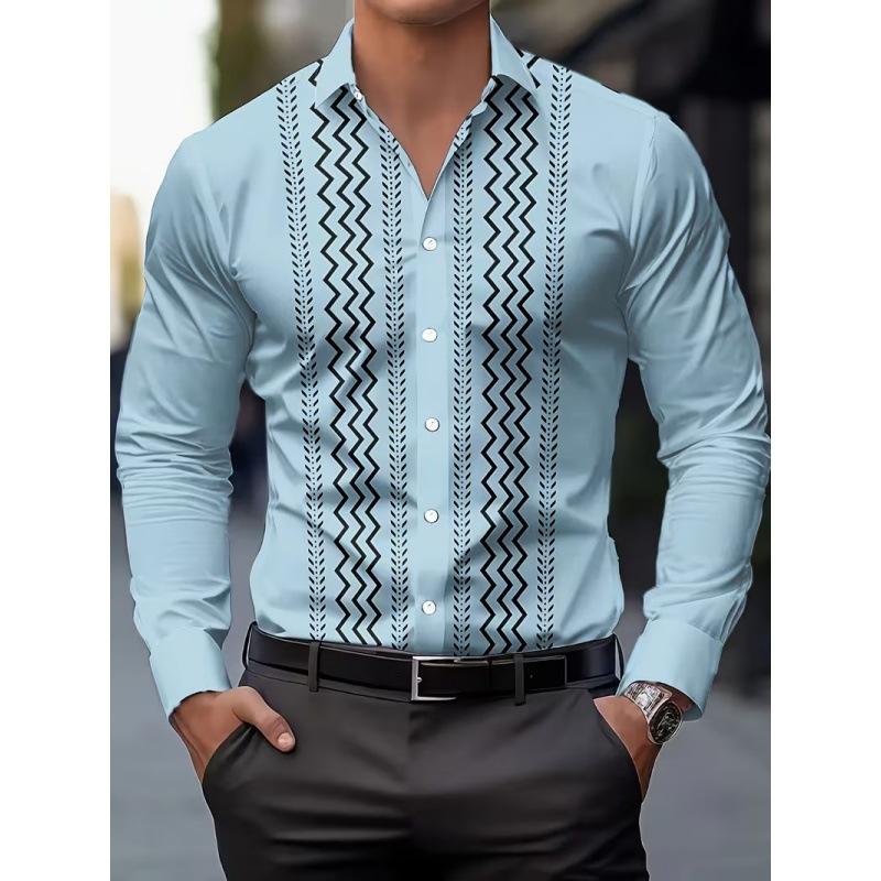 2026 Men Slim Fit Long Sleeve Geometric Line Print Dress Shirt Formal Business Casual Button Down Office Top Camisa Masculina