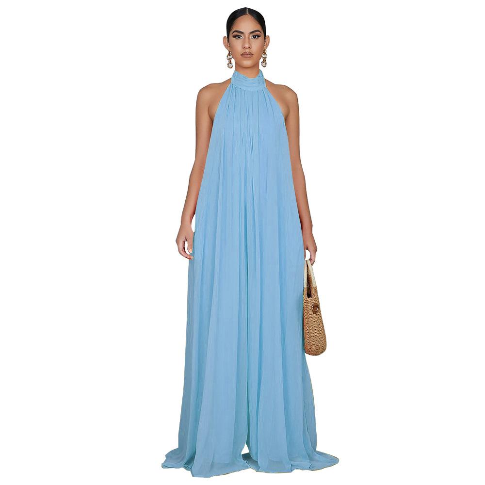 Tuta da donna con scollo all'americana, senza maniche, tinta unita, in chiffon, gamba larga, schiena scoperta, morbida, fluida, pantaloni lunghi, tutina