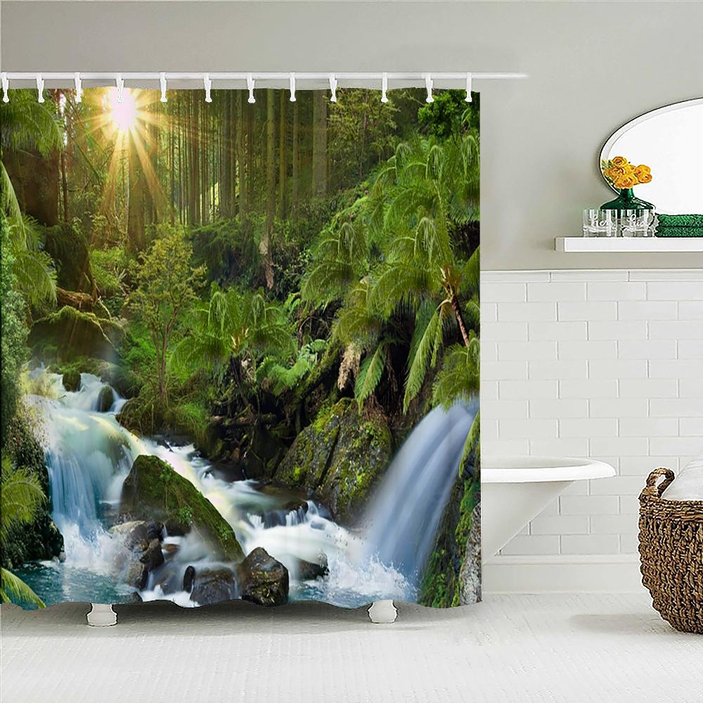3d Printed Natural Forest Landscape Shower Curtain Waterproof Fabric Waterfall Bathroom Curtains Wall Decoration Large 300x180