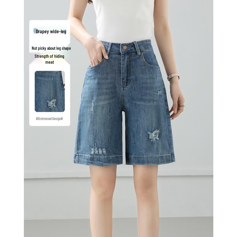 TERRE BLEUE Women s High-Waist Ripped Denim Bermuda Shorts 27