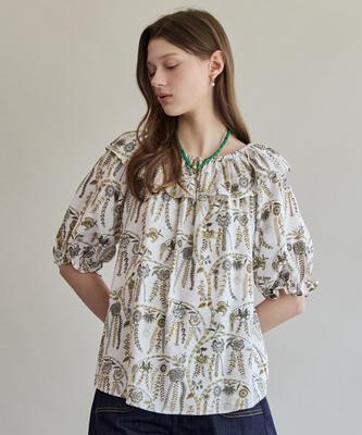 MAXZA Botanical Flower Frill Puff Blouse