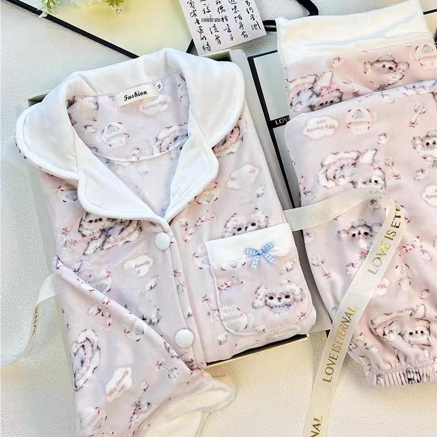 Women's Cartoon Dog Sea Island Cotton Pajama Set - Long Sleeve, Loose, Plus Size Homewear