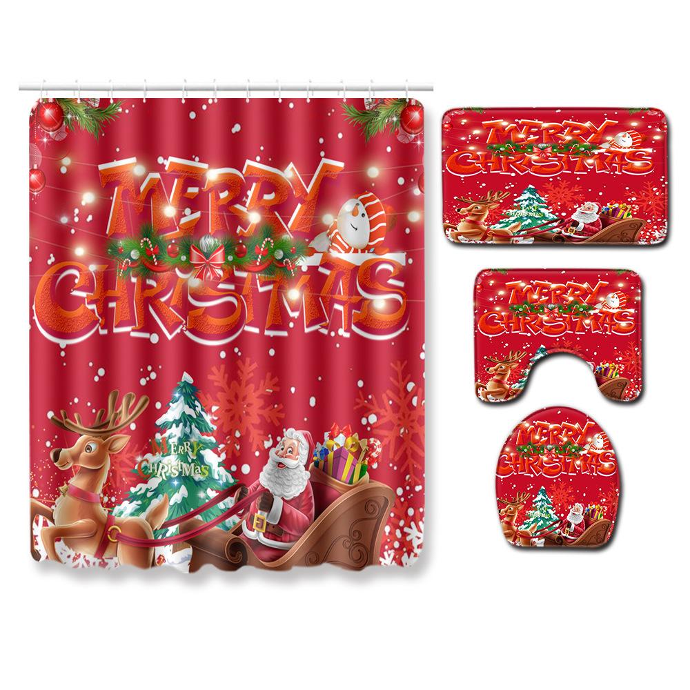 Christmas Shower Curtain Floor Mat Combination Four-Piece Set Bathroom Toilet Carpet Shower Room Mat Foot Mat