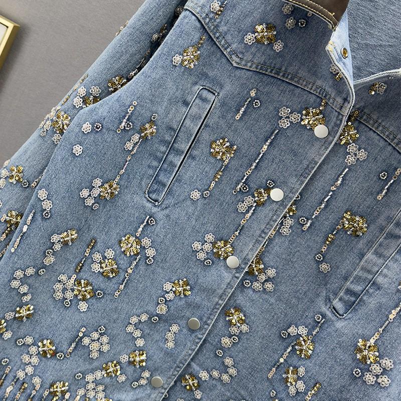 Womens Sequin Denim Jacket 2026 Loose Fit Slimming Streetwear Long Sleeve Polo Neck Blue Jean Coat