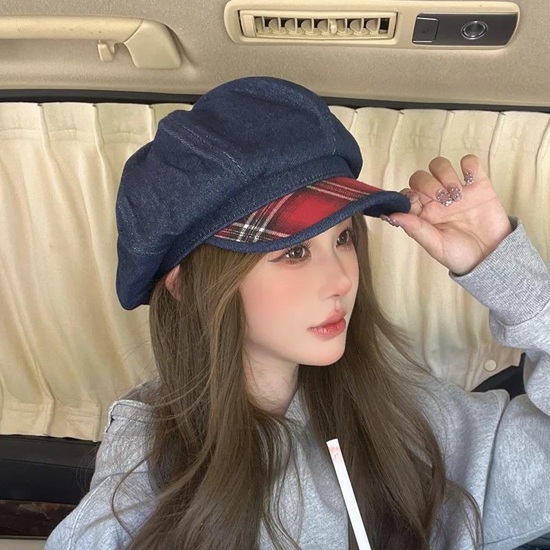 2024 New Korean Versatile Octagonal Hats for Women Summer Autumn Travel Sunscreen Casual Retro Short-brimmed Denim Berets Cap