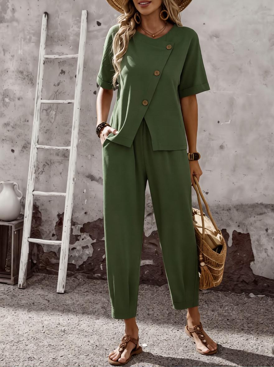 2026 Summer Women s Chic Buttoned Short Sleeve Jumpsuit Set XXL