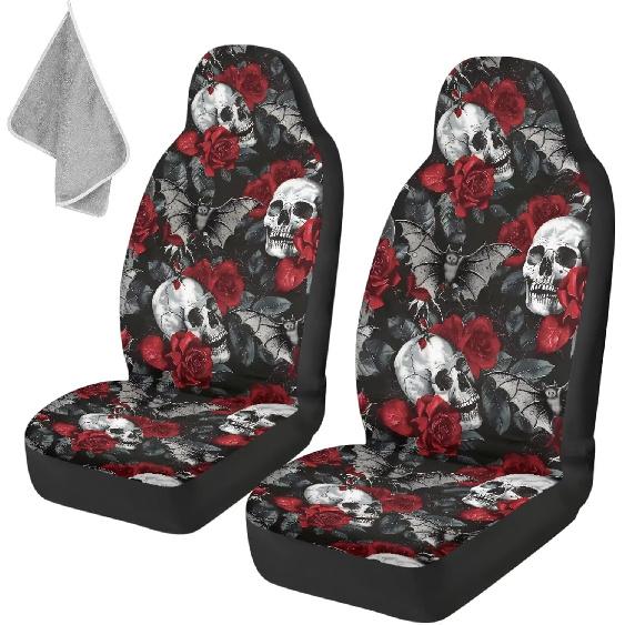 Gothic Skull Car Seat Covers Highback Bucket Seat Cover Universal Front Bucket Seat Cover,2pcs Universal Fit, Halloween Bat Auto Accessories