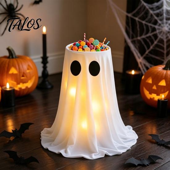 Halloween Ghost Candy Bowl Lighted Stand, Height Adjustable Large Holder with Indoor Tabletop Centerpiece LED Light for Trick or Treat, Porch, Outdoor