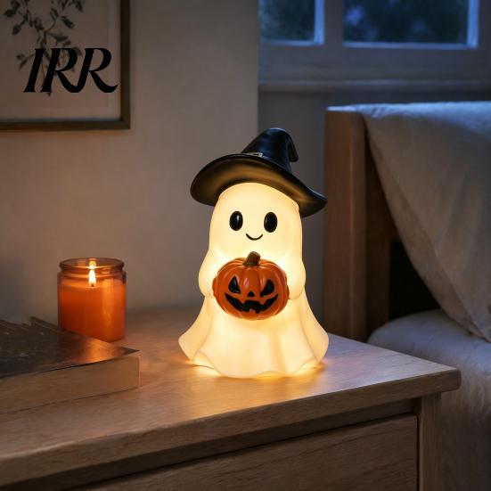 Safe Flameless Night Light Halloween Ghost Figurine, Cute Resin Holding Pumpkin Whimsical Statue for Desk Tabletop Indoor Home Decor Healing