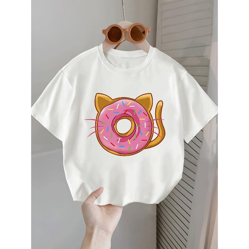 

European Size Girls Round Neck Short Sleeved T Shirt with Doughnut and Cat Ears and Tail Pattern Print 98cm белый