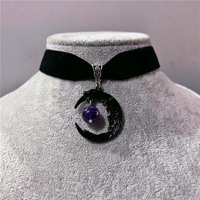 Punk-Gothic-Stil, Amethyst-Mond, schwarzer Samt-Halsketten-Halsband, Retro-Halsdekoration für Frauen und Mädchen
