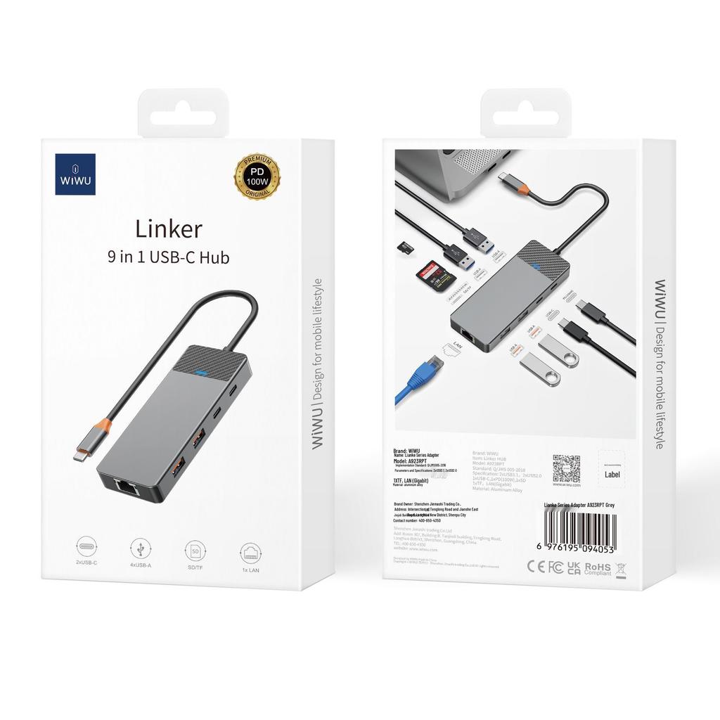 WIWU Multi-Port USB-C Hub: 4 USB, 100W PD, USB-C 3.1, SD/TF, LAN Adapter