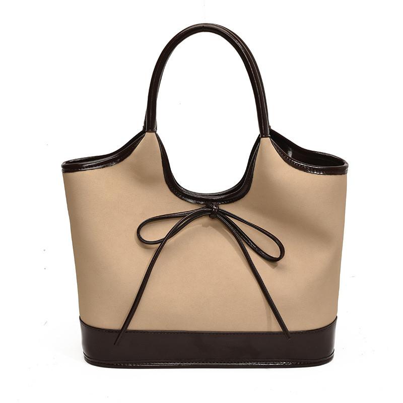 Elegant Color Block Bowknot Large Tote Bag Stylish Pu Shoulder Bag For Everyday Use