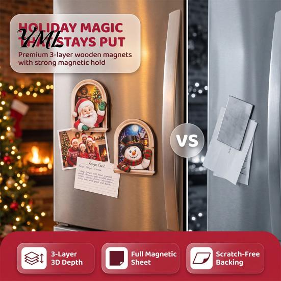 Creative Christmas Tree Decorations Arch Wooden Fridge Magnet Set, Holiday Window Frame 3D Printed Festive Magnets Magnetic Decor for Refrigerator