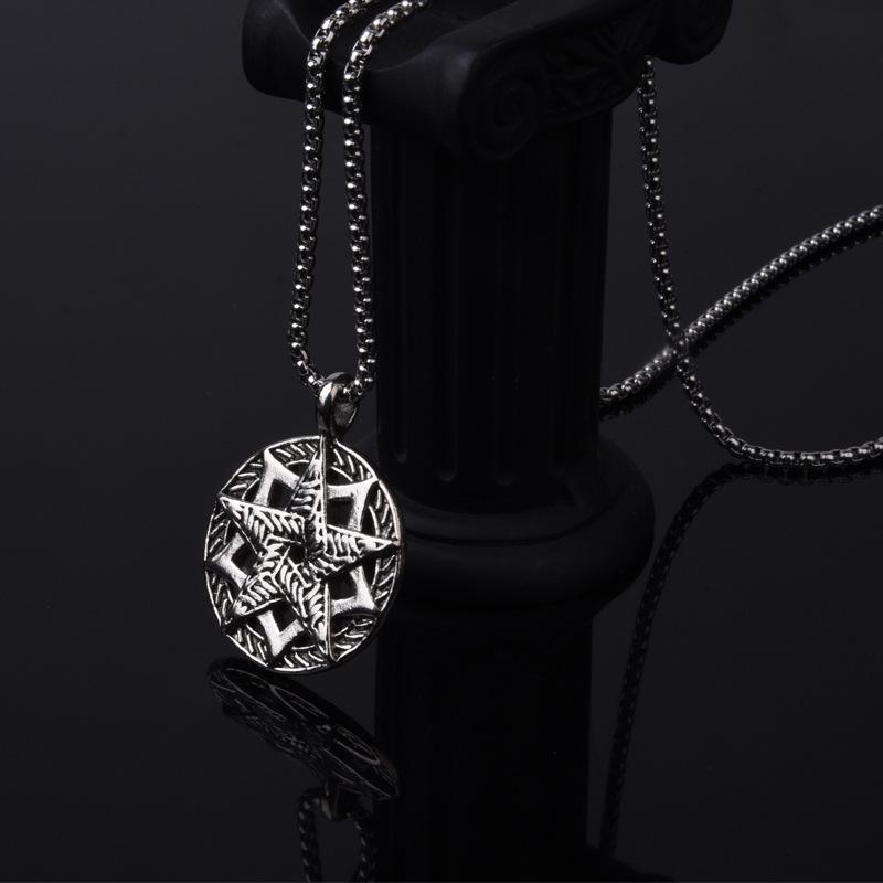 Trendy Men Necklace European and American Long Style Domineering Personality Pentagram Disc Pendant