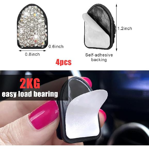 4PCS Bling Car Mini Hooks, Multifunctional Adhesive Small Auto Storage Hook for Key Cable Mask, Crystal Rhinestone Dashboard Hanging Hook, Interior