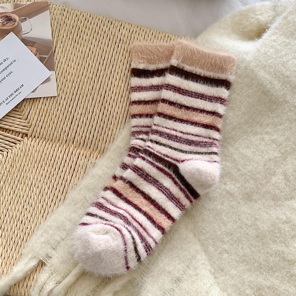 Thickened Striped Socks Plush Floor Socks New Mink Fleece Socks  Autumn Winter
