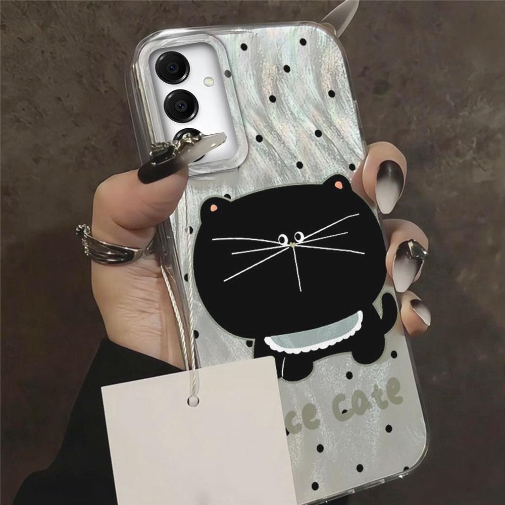 Etui na telefon z okrągłymi kropkami i czarnym kotem z dużą głową dla Samsunga Galaxy A55 A56 A36 A26 A16 A53 A06 A14 A24 A34 A54 A15 A25 A35