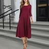 Women's Pleated A-line Midi Dress 3/4 Sleeve Crew Neck Swing Dress Summer Beach Vacation Flowy Sundress