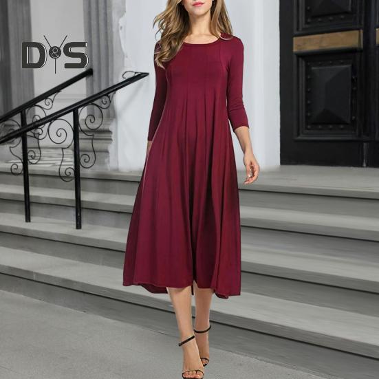 Women's Pleated A-line Midi Dress 3/4 Sleeve Crew Neck Swing Dress Summer Beach Vacation Flowy Sundress