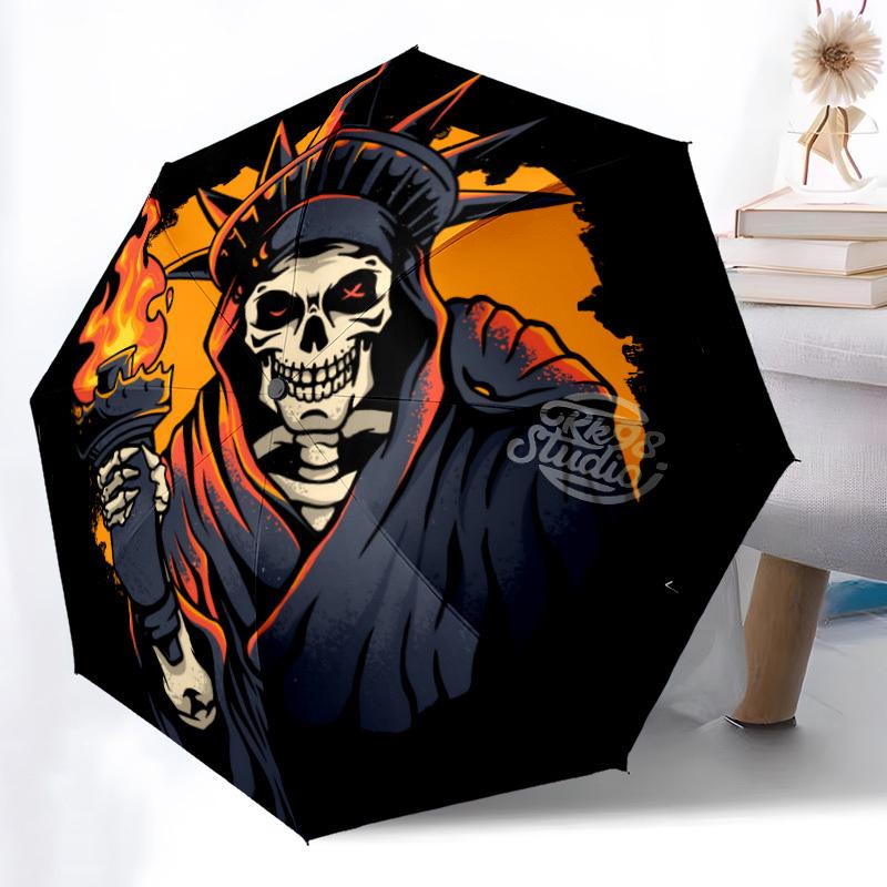 1pc Liberty, Death SkullAutomatic Folding Umbrella, Portable Collapsible Design, Casual Outdoor Accessory, for All Seasons017