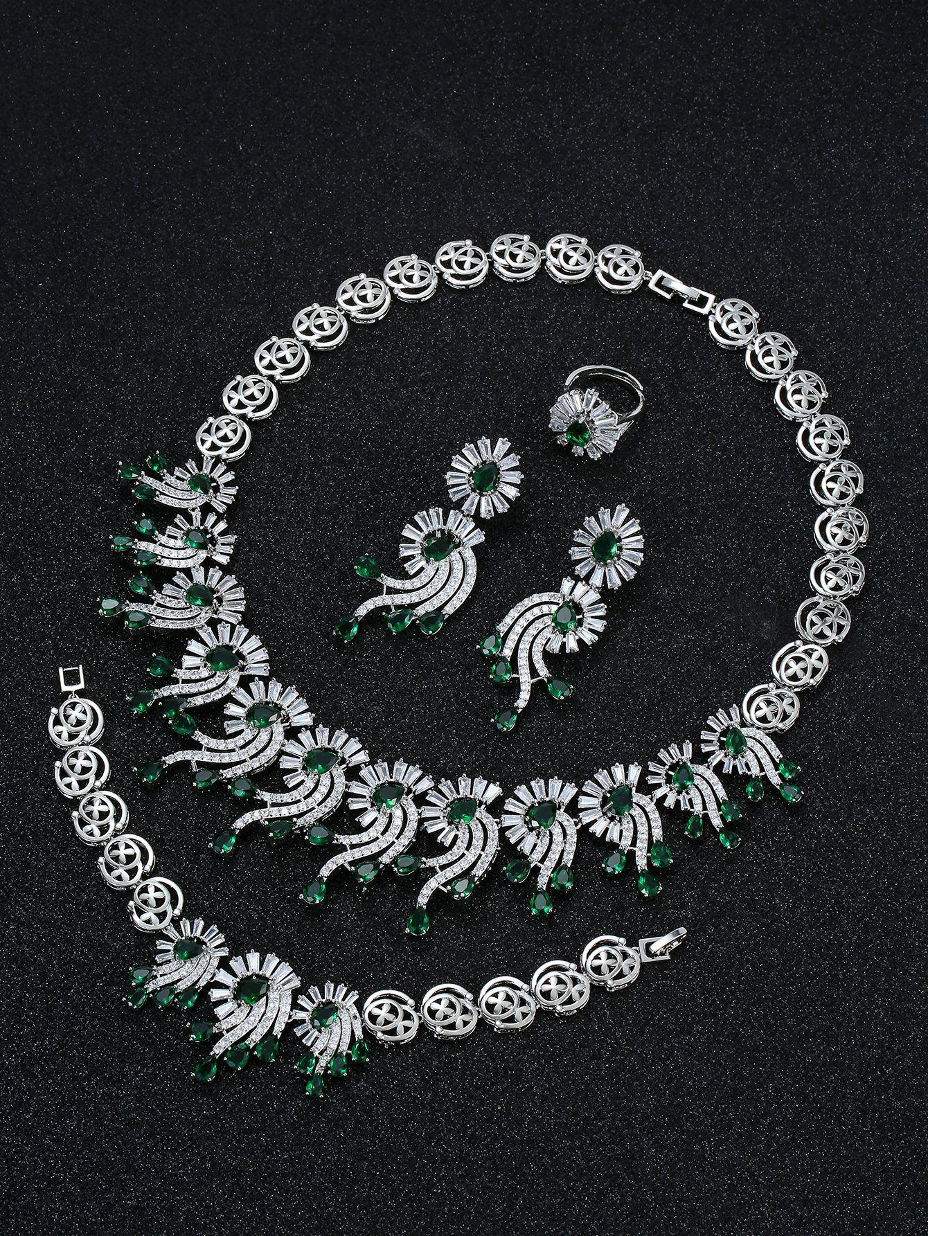 Роскошный Свадебный Циркониевый Набор Ожерелье Серьги Браслет Кольцо Свадебное Платье Платье Аксессуары для Ужина Праздничная Одежда