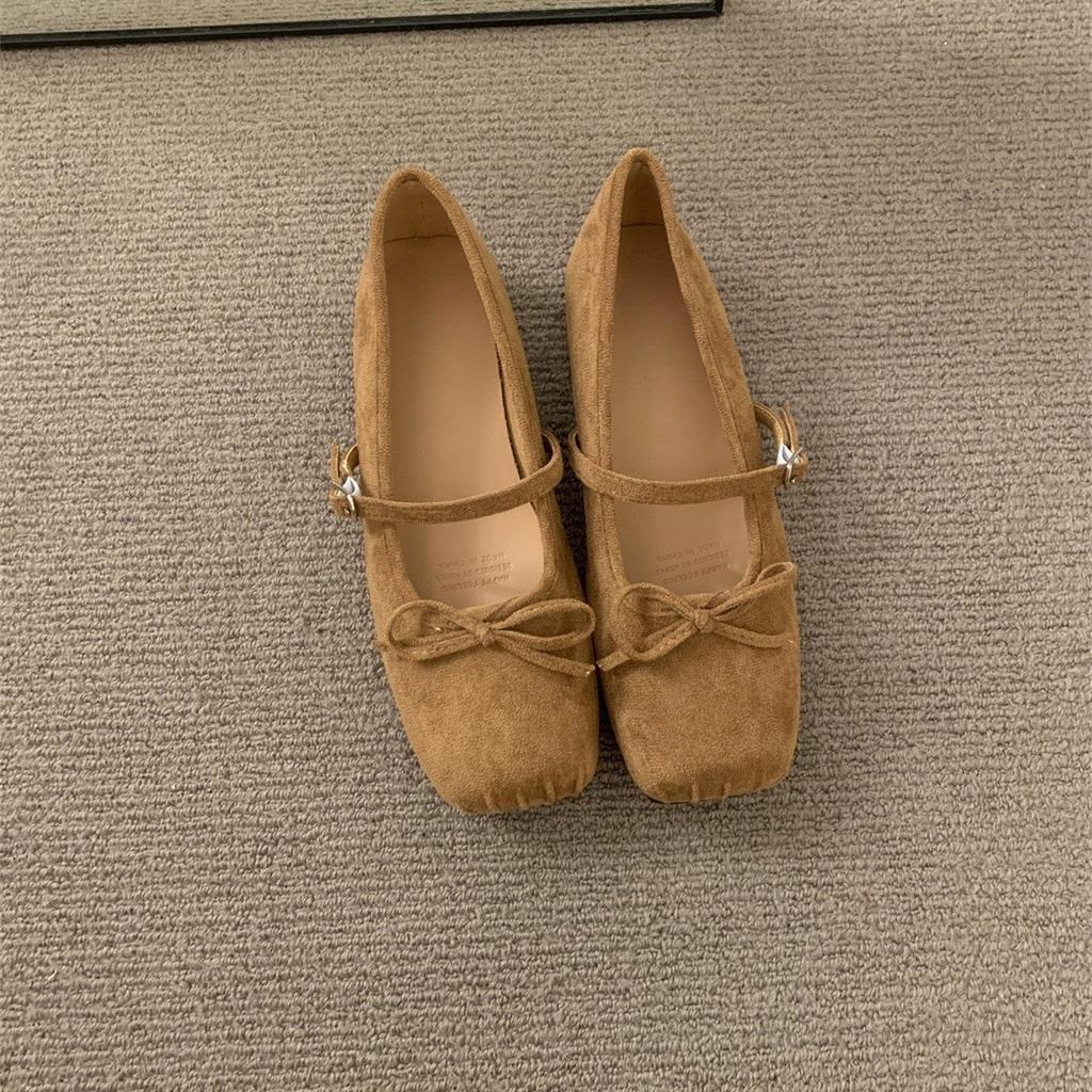 Suede Square Head Single Shoes Women's Spring and Autumn New Bow Commuter Flat Mary Jane Shoes
