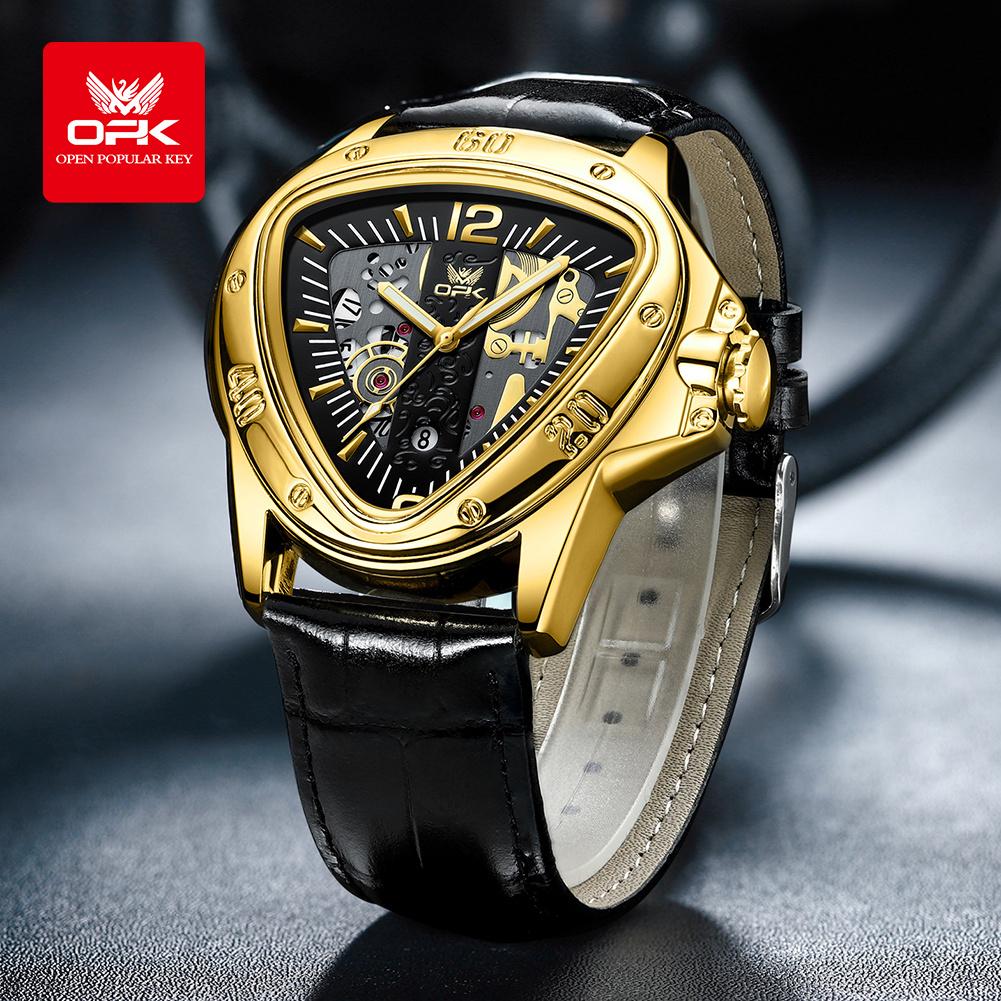 OPK Modny Oryginalny Zegarek Kwarcowy Dla Mężczyzn Luksusowa Trójkątna Tarcza Wodoodporny Luminescencyjny Skórzany Zegarek Dla Biznesmena