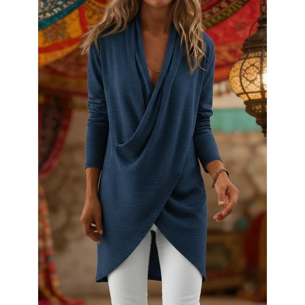 Spring and Autumn Ladies Elegant Casual Crossed V-Neck Irregular Buttocks Long Sleeve Top