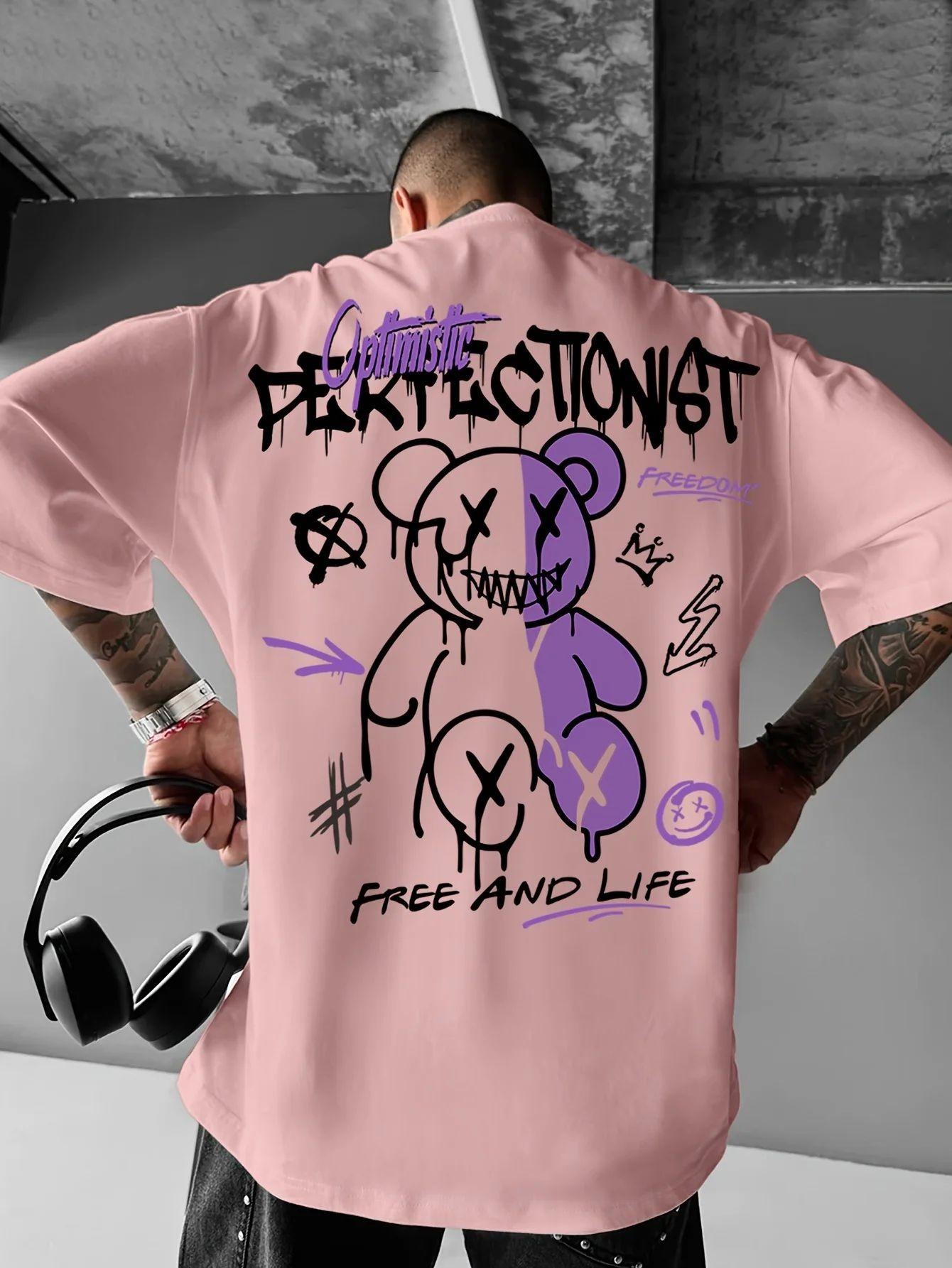 

Summer new men s teddy bear graffiti print comfortable and breathable round neck T-shirt. This is an outdoor versatile street st 6XL