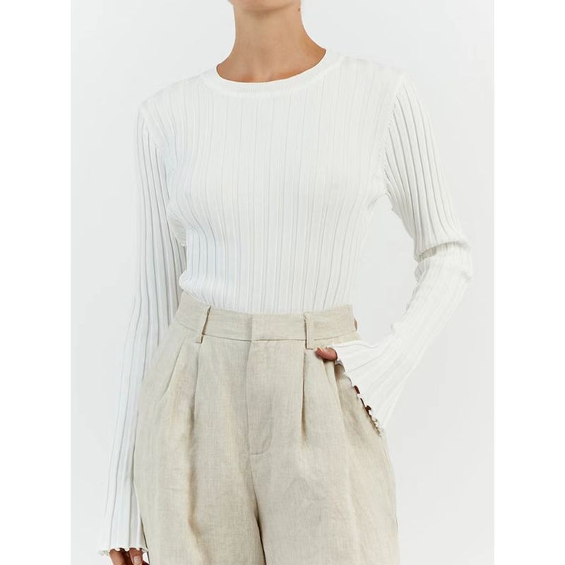 

Fashion Crew Neck Knitting Sweater Long Sleeve Sunken Stripe Pure Color Tight Tops Knitted Striped Sweater White S