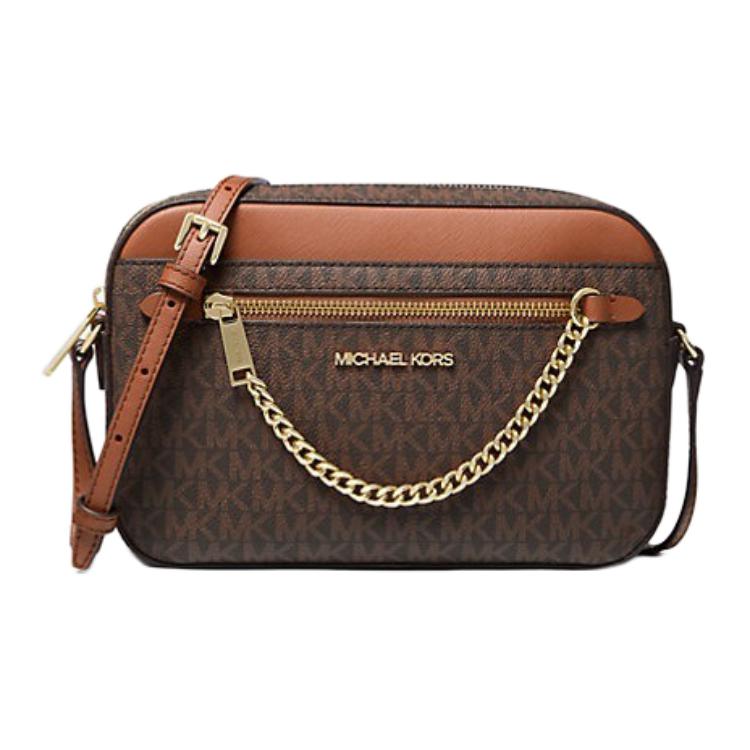 Michael Kors Mk Jet Set Monogram Logo Chain PVC Leather Camera Bag Women Shoulder Bag Caramel Acorn 35S1GTTC9B-BROWN